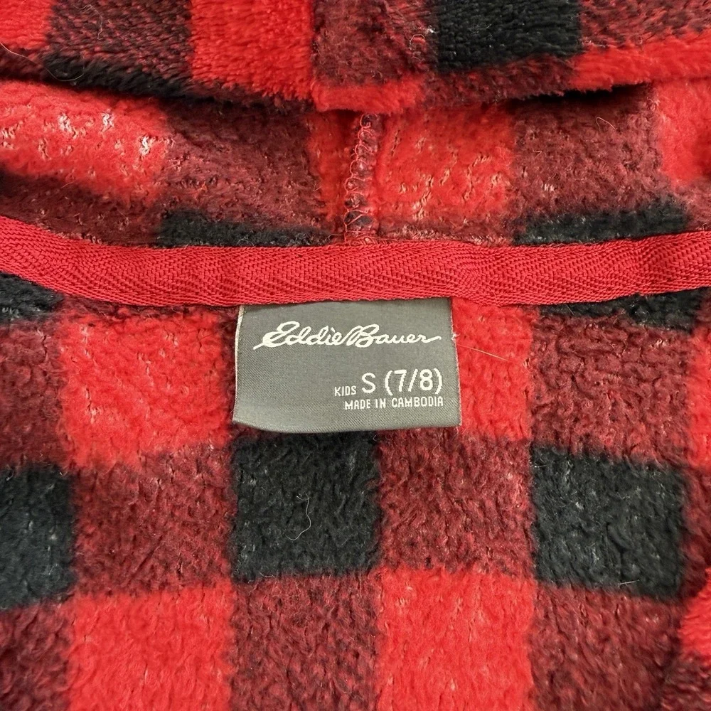 Eddie Bauer Kids Hooded Robe Fleece Red Black Buffalo Plaid Cozy Kids S 7/8‎